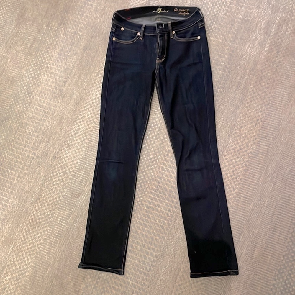 7 for All Mankind “the modern straight” mid rise dark wash jeans, size 25
